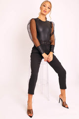 Black Faux Leather Polka Mesh Sleeve Bodysuit - Jannelly