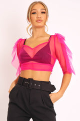 Hot Pink Mesh Frill Sleeve Plunge Crop Top - Faythe