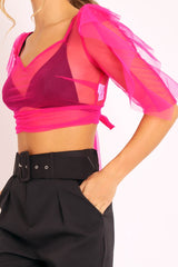Hot Pink Mesh Frill Sleeve Plunge Crop Top - Faythe