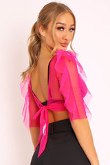 Hot Pink Mesh Frill Sleeve Plunge Crop Top - Faythe