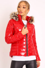 Red Wet Look Puffer Coat - Soph
