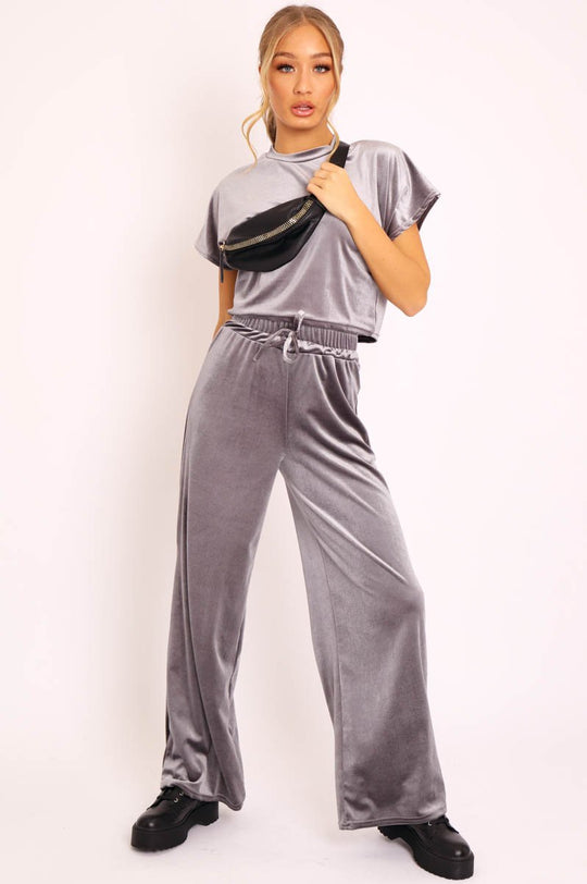 Grey Velvet Crop Top and Trousers Loungewear Set - Kani