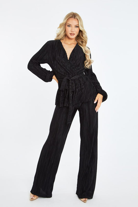Black Plisse Warp Front Top & Wide Leg Trouser Set - Ocean