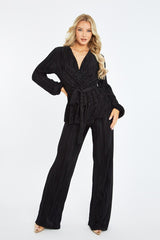 Black Plisse Warp Front Top & Wide Leg Trouser Set - Ocean