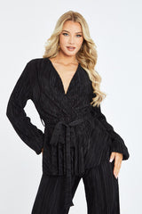 Black Plisse Warp Front Top & Wide Leg Trouser Set - Ocean
