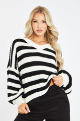 White Striped Chunky Knit Oversized Cardigan - Pedra