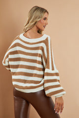 Camel Striped Chunky Knit Oversized Cardigan - Pedra