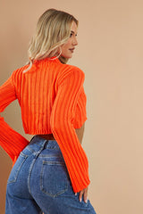 Orange Chunky Knit High Neck Cropped Jumper - Pallas