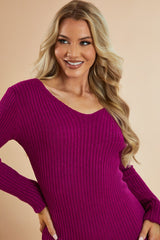 Pink Plunge Neck Rib Knit Midi Dress - Freya