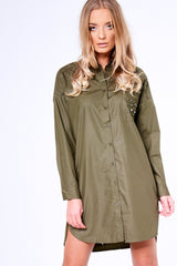 Khaki Stud Detail Oversized Shirt Dress - Ivona