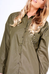 Khaki Stud Detail Oversized Shirt Dress - Ivona