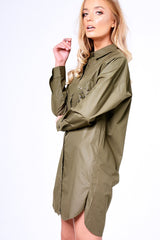 Khaki Stud Detail Oversized Shirt Dress - Ivona