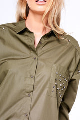 Khaki Stud Detail Oversized Shirt Dress - Ivona