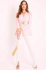Pink Plunging Double Circle Belt Puff Shoulder Blouse - Catia