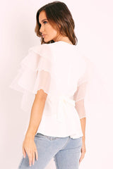 White Tiered Sleeve Belted Waist Top - Ellise