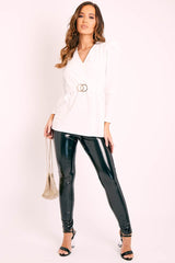White Plunging Double Circle Belt Puff Shoulder Blouse - Catia