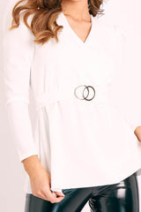 White Plunging Double Circle Belt Puff Shoulder Blouse - Catia