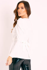 White Plunging Double Circle Belt Puff Shoulder Blouse - Catia