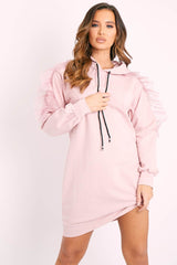 Pink Mesh Frill Sleeve Hoodie Jumper Dress - Carlotta