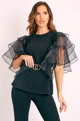 Black Tiered Sleeve Belted Waist Top - Ellise