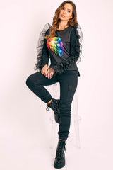 Black Graphic Print Organza Ruffle Sleeve Top - Gianni