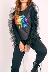 Black Graphic Print Organza Ruffle Sleeve Top - Gianni