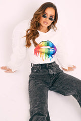 White Graphic Print Organza Ruffle Sleeve Top - Gianni