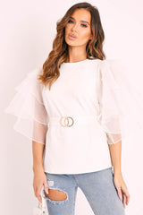 White Tiered Sleeve Belted Waist Top - Ellise