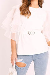 White Tiered Sleeve Belted Waist Top - Ellise