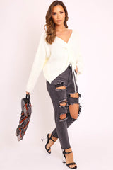 Cream Knitted Ruched Tie Front Jumper - Soraya