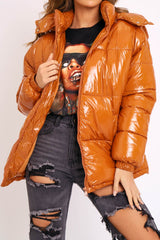 Tan Shiny Wet Look Chunky Hooded Puffer Coat - Syra