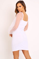 White Polka Mesh Sleeve Ribbed Dress - Elah
