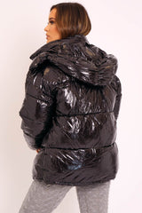 Black Shiny Wet Look Chunky Hooded Puffer Coat - Syra