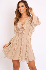 Camel Sheer Ruffle Lace Front Dress - Loise
