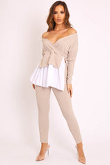 Beige Plunge Shirt Insert Top Legging Co-ord - Destine