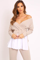 Beige Plunge Shirt Insert Top Legging Co-ord - Destine