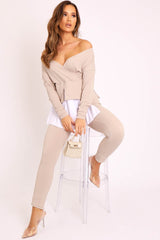 Beige Plunge Shirt Insert Top Legging Co-ord - Destine