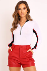White Black Red Stripe Zip Front Bodysuit - Tyria