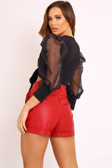 Black Plunge Tie Front Organza Sleeve Crop Top - Fawn