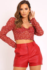 Red Floral Print Puff Sleeve Milkmaid Crop Top - Caddie