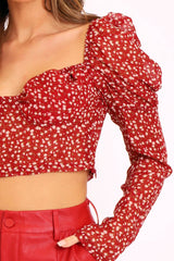 Red Floral Print Puff Sleeve Milkmaid Crop Top - Caddie