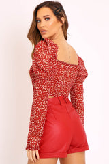 Red Floral Print Puff Sleeve Milkmaid Crop Top - Caddie