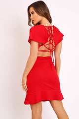 Red Lace Up Back Peplum Dress - Bryna