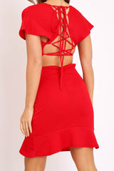 Red Lace Up Back Peplum Dress - Bryna