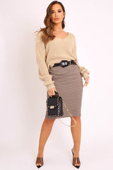Brown Checked Tailored Pencil Skirt - Willo