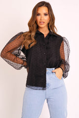 Black Organza Polka Long Sleeve Shirt - Parrie