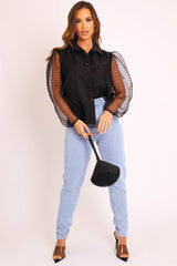 Black Organza Polka Long Sleeve Shirt - Parrie