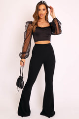 Black Satin Mesh Sleeve Ruched Detail Crop Top - Rya