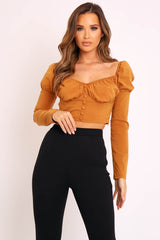 Tan Long Sleeve Button Front Milkmaid Crop Top - Gillie