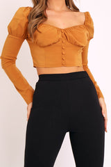 Tan Long Sleeve Button Front Milkmaid Crop Top - Gillie